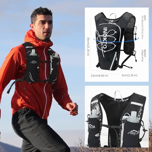 IX INOXTO Running Vest for Women Men, Adjustable Chest Straps Running Hydration Vest with 500ml Soft Flask, Lightweight Breathable Reflective Hydration Backpack for Hiking - color: Black with 1.6L