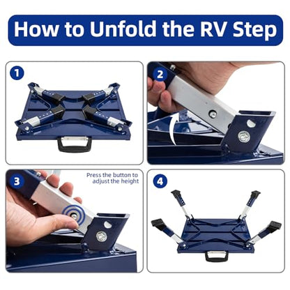 Homeon Wheels Adjustable RV Step Stool, Folding Aluminum Platform, Blue - color: Blue