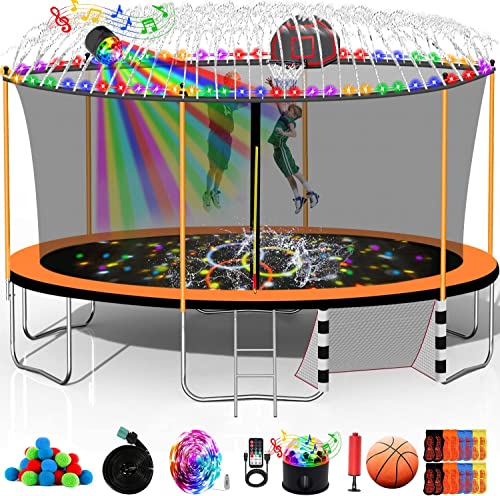12FT 14FT 15FT 16FT Trampoline for Kids Adults, 1500 LBS Outdoor Trampolines with Basketball Hoop, Lights, Sprinkler, Enclosure, Ladder, Recreational Bounce Backyard Jumping for Kids Teens - color: Orange with Lights/Speaker/Sprinkler, style: 16ft