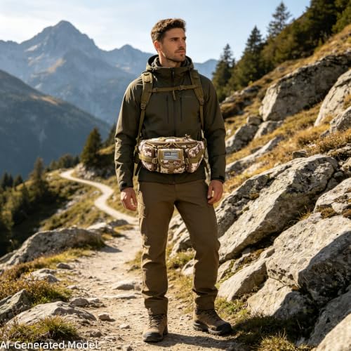 Hiking Waist Packs, Tactical Fanny Pack for Men Women, Waist Bag Hip Belt Bag Crossbody with 5 Zipper Pockets, Travel Outdoor Hiking Fishing Bumbag with Patch - Desert Digital Camo - color: Desert Digital Camo