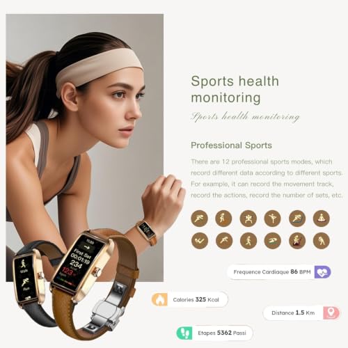 Elegant Smart Watch for Women AMOLED Fitness Tracker with Leather Band - color: Champagne Gold Cherry
