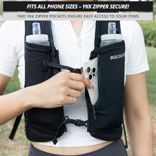Build & Fitness LITEVEST Running Vest with 2X 500ml Soft Flasks – 7 Pockets, Lightweight, Breathable Hydration Vest – Premium, Secure, Comfort & Style for Training, Trails, Marathons & Everyday Runs - size: S / M