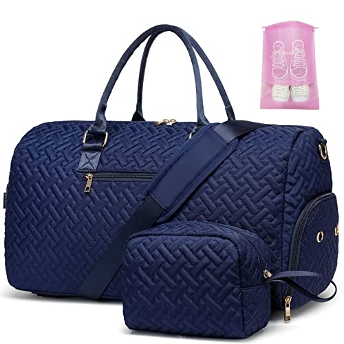 Duffle Bag for Travel, Weekender Bag with Shoe Compartment, Carry On Overnight Bag for Women with Toiletry Bag,Gym Bag with Wet Pocket, Hospital Bags for Labor and Delivery - color: Navy