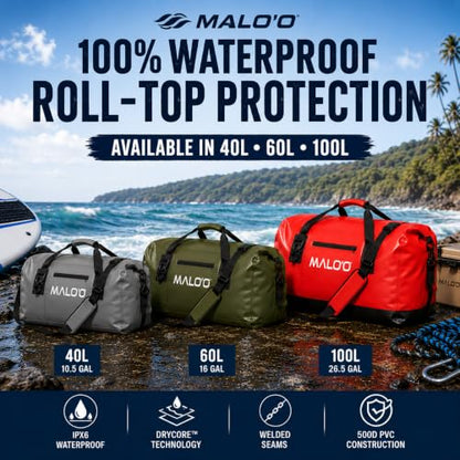 Malo’o Waterproof Dry Duffel, Heavy-Duty Roll Top Waterproof Gear Bag with Shoulder Strap & Molle Loops, Marine Duffel for Kayaking, Boating, Camping, Beach & Travel, Dark Green, 60L - color: Dark Green, size: 60L