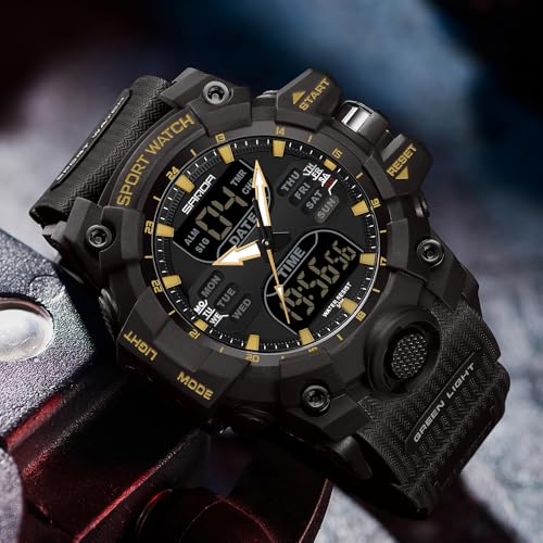 FANMIS Men's Analog Digital Sports Watch 50M LED Backlight Military Watch - color: X Black Gold