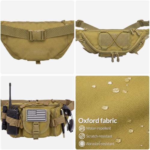 Fanny Pack Waist Packs, Large Crossbody Tactical Fanny Packs for Women Men, Waterproof Hiking Belt Bag with 5 Zipper Pockets, Hip Bum Bag with U.S Patch, Waist Pouch for Outdoor Fishing - Mud - color: Mud