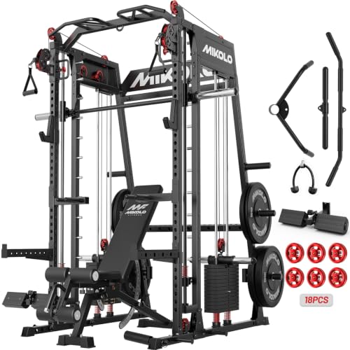Mikolo M4 2.0 Smith Machine, 2200lbs Squat Rack with LAT-Pull Down System & Cable Crossover Machine, Training Equipment with Leg Hold-Down Attachment - color: Black, size: M4 2.0 Elite Package (with Black BP230lbs)