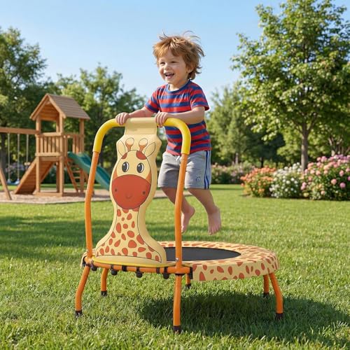 GYMAX Toddler Trampoline, 175lbs Springfree Kids Trampoline with Padded Handlebar & No-Gap Safety Cover, Small Mini Indoor Trampolines for Boys and Girls - color: Giraffe
