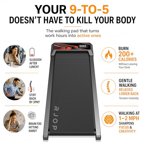 RJOP 2.5HP Walking Mat with Incline Pad, Under Desk Treadmill for Home Gym | Walking Running Pad with Remote, 3 in 1 Low Noise Small Mini Portable Treadmill with LED Screen, 270lbs Capacity