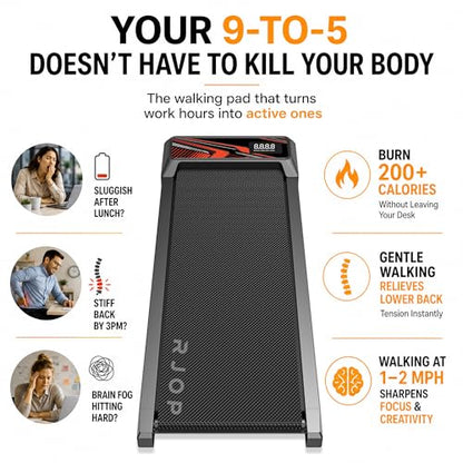 RJOP 2.5HP Walking Mat with Incline Pad, Under Desk Treadmill for Home Gym | Walking Running Pad with Remote, 3 in 1 Low Noise Small Mini Portable Treadmill with LED Screen, 270lbs Capacity