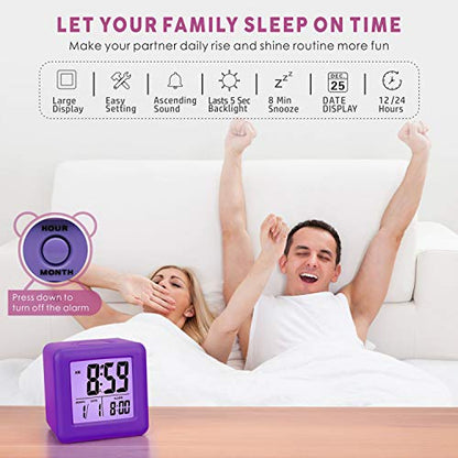 Plumeet Digital Alarm Clock for Kids with Snooze and Nightlight - Easy Setting Silicone Display Time, Date - Loud for Bedroom - Battery Powered (Purple) - color: Purple