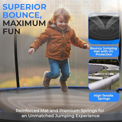SereneLife Trampoline Outdoor 10FT 12FT 14FT with Enclosure Net, Ladder and Anti-Rust Coating - ASTM Approved Recreational Trampolines - Heavy Duty Yard Trampolines for Kids and Adults - style: 14FT CURVED
