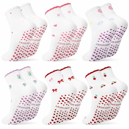 Cute Pilates Socks with Grips for Women Cotton Ruffle Yoga Sock - color: Red+pink+purple