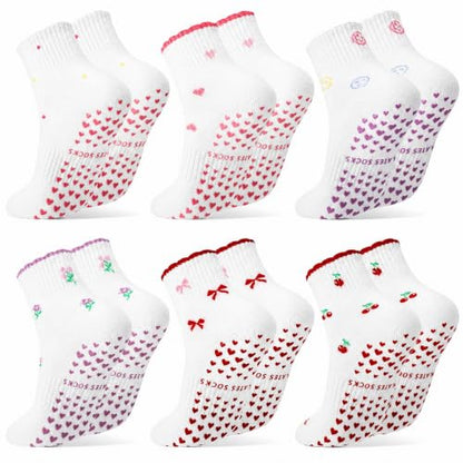 Cute Pilates Socks with Grips for Women Cotton Ruffle Yoga Sock - color: Red+pink+purple