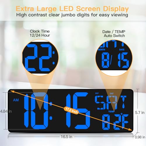 XREXS 17.2 Inch Large Digital Wall Clock with Remote Control - color: Blue