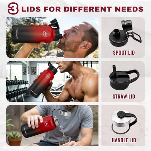 NATURE PIONEOR 32 oz Insulated Water Bottle with Carrier Bag & 3 Lids - color: Red Black, size: 32 Ounces