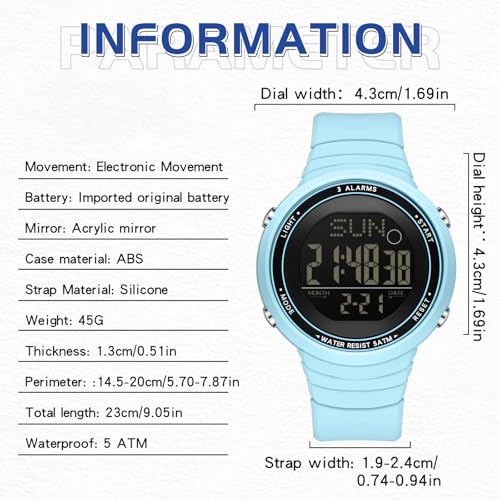 Digital Watch Waterproof Big Numbers 3-Alarms Stopwatch Sports Running Watches for Women Men Minimalist Electronic Wristwatch Easy Read Watch Unisex