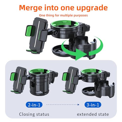 4-in-1 Universal Cup Holder for Stroller, Bicycle, Wheelchair & Shopping Cart | 360° Rotatable, Anti-Slip Silicone Grip Spill-Proof Design | Adjustable Single/Double Cup and Phone Holder【Green】