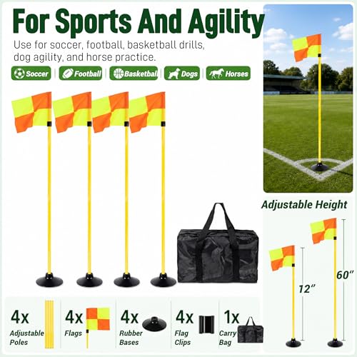 4 Set Soccer Corner Flags, 5 FT Adjustable Poles, Rubber Bases