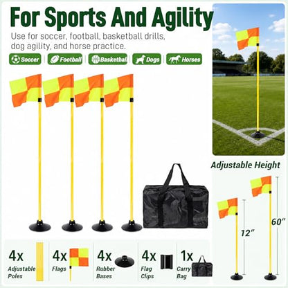 4 Set Soccer Corner Flags, 5 FT Adjustable Poles, Rubber Bases