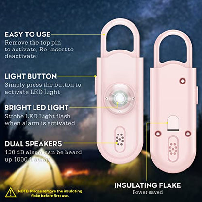 Personal Safety Alarm Keychain for Women 2PCS -130 dB Loud Siren with SOS Strobe Light, Flashlight, Double Speakers, Safe Defense Key Chain for Girls Kids Elders Emergency Call - color: Baby Pink