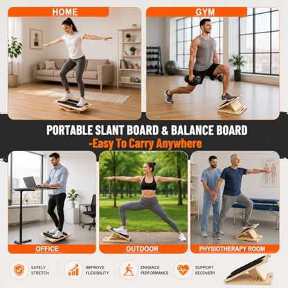3-in-1 Adjustable Wooden Slant Board for Calf Stretching, Calf Stretcher, Slant Board for Exercise, Adjustable Incline Stretch Board, Non-Slip Squat Wedge for Legs, Ankles & Feet, 400 lbs Capacity