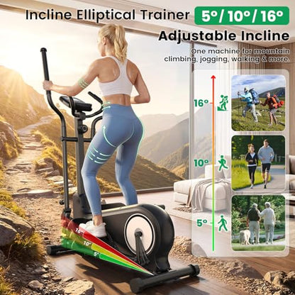 ANCHEER Elliptical Exercise Machine for Home, Foldable Magnetic Elliptical Trainer with 16" Stride, 16 Resistance Levels, Adjustable Pedals, LCD Monitor & Pulse Sensor, 550 LBS Weight Capacity - color: Silver