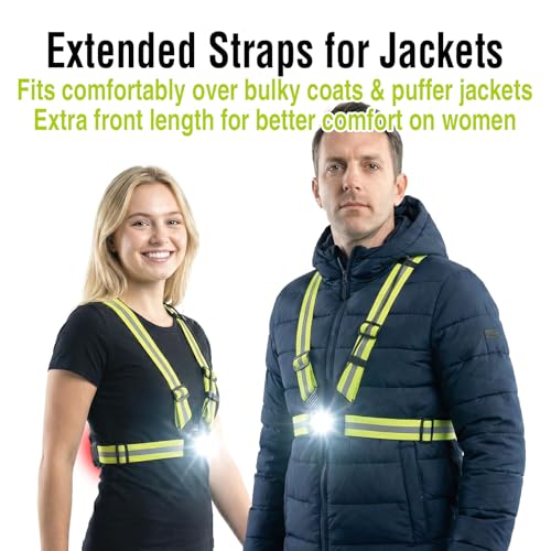 Running Light Vest for Night Safety, USB-C Rechargeable Hands-Free Chest Light, Spotlight/Floodlight, Reflective Vest Light for Runners & Dog Walking, Front White + Rear Red, IPX4