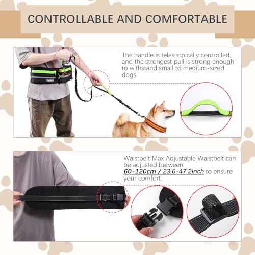 Hands-Free Waist Leash with Pouch for Two Dogs: Reflective Stitching, Dual Handle & Bungee Retractable Design – Ideal for Medium to Large Dogs (Green) – Dog Walking Accessories - color: Green