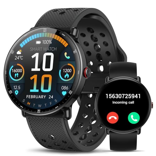 Smart Fitness Watch for Women Men for Android iPhone, Round Face Activity Tracker with Step Counter, Sleep & Calorie Monitor, Pedometer, Bluetooth Call, IP68 Waterproof, 112+ Sports (Black) - color: Black