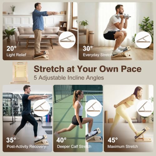 Adjustable Slant Board for Calf Stretching, Wooden Portable Stretcher, Foldable Incline Boards for Calves Ankle Achilles Tendon Knee Heel Muscle Stretch Exercise, Your 10 Minute Solution for Looser Calves