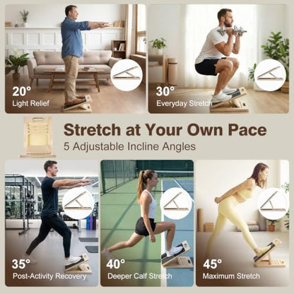Adjustable Slant Board for Calf Stretching, Wooden Portable Stretcher, Foldable Incline Boards for Calves Ankle Achilles Tendon Knee Heel Muscle Stretch Exercise, Your 10 Minute Solution for Looser Calves