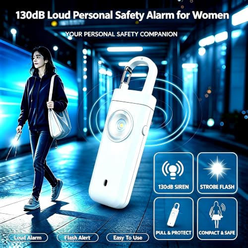 Personal Alarm Keychain 130dB Loud Siren, USB-C Safety Alarm with LED Flashlight & Strobe Light, Emergency Panic Button for Women, Elderly, Seniors, Night Running, Outdoor Travel (White) - color: White