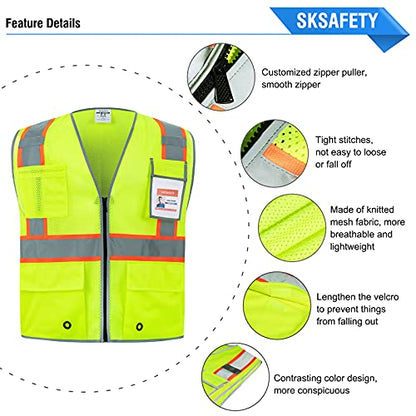 SKSAFETY 10 Pockets Safety Vest, Class 2 High Visibility Security with Zipper Double-sided mesh, Hi Vis Vest with Reflective Strips, ANSI/ISEA Standard, Construction Work Vest （Lime, 4XL） - color: Yellow Mesh, size: 4X-Large