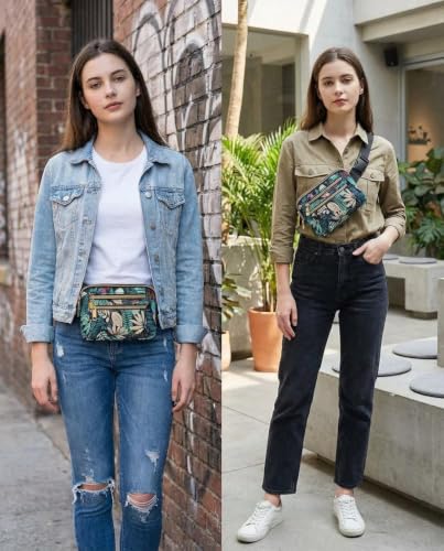 Fanny Packs for Women Crossbody Belt Bags, Waist Pack with Adjustable Strap - color: B-Blue Leaves, size: Double Layer