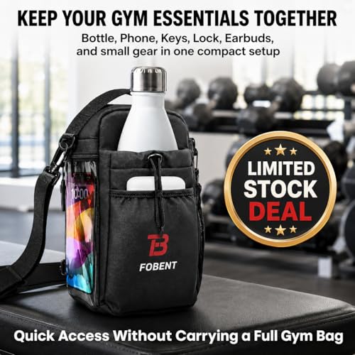 Compact Gym Organizer Bag with Phone Pocket & Bottle Holder, Magnetic Back for Flat Metal Surfaces, Gym Essentials Bag for Keys, Towel, Straps, Earbuds & Workout Accessories