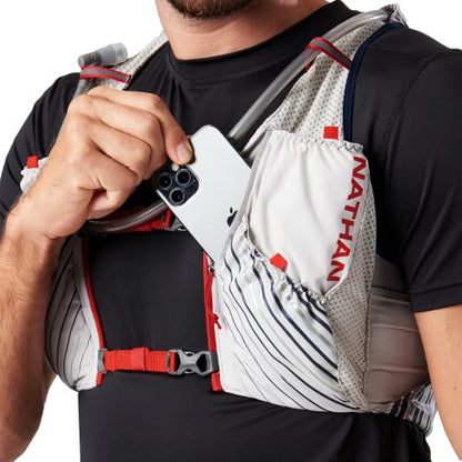 Nathan Men's Pinnacle Race Vest 12L Hydration Pack, 1.6L Water Bladder, Running Vest, Water-Resistant Pockets, Lightweight & Moisture Wicking - color: Vapor Grey/Ribbon Red, size: Medium
