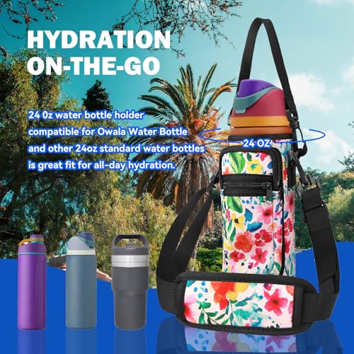 Neoprene Water Bottle Holder Bag with Cell Phone Pocket Compatible with Owala FreeSip 24 oz，Water Bottle Carrying Bag ，with Adjustable Shoulder Strap,for 24oz Stainless Steel Water Bottle - color: Pink Flower