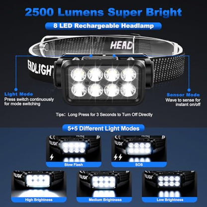 Elmchee Rechargeable Headlamp 2 Pack, 2500 Lumen Bright 8 LED Headlight, 10 Modes Adjustable Motion Sensor, USB-C Waterproof Head Flashlight, Outdoor Hiking Camping Fishing (8 Led Headlamp) - style: 8 Led Headlamp