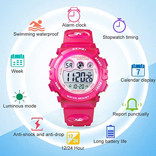 GOLDEN HOUR Watches for Kids Digital Sport Waterproof Boys Girls Watch Outdoor 12/24 H Alarm EL Backlight Stopwatch Military Child Wristwatch Ages 3-15 - color: Rose/Red