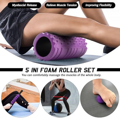 5 in 1 Foam Roller Set High Density Patented Foam Roller for Exercise - color: Violet