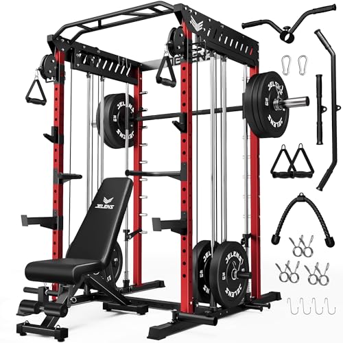 JELENS M21 Smith Machine, Multi-Function Power Cage with Dual Pulley Cable Crossover System, 2000LBS All-in-One Squat Rack with Smith Bar and Attachments - color: Red, size: 260LB Black Weights Package