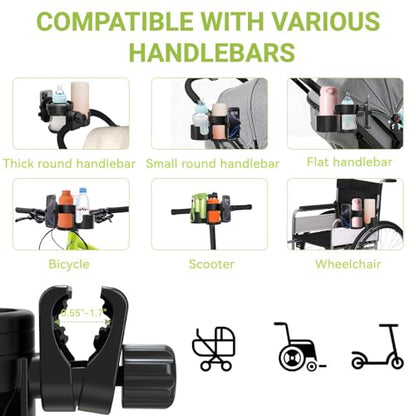 ZealSound Stroller Cup Holder, 3-in-1 Bottle Holder with Phone Holder for Wheelchair, Stroller, Bike, Walker, Scooter, 360° Rotatable Drink Holder for Uppababy, Bugaboo, Nuna, Doona - size: Large