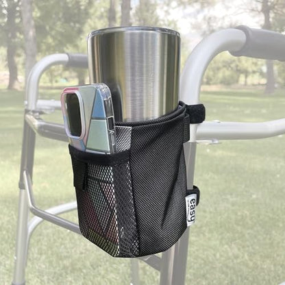 Easy Drink Holder with Small Pouch, No Tools Mount for Walkers, Wheelchairs