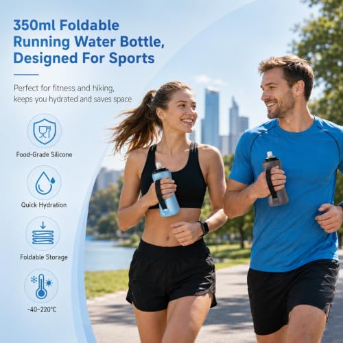 Handheld Running Water Bottle 350ml, Collapsible Silicone Water Bottle with Strap, Leak-Proof, for Running, Hiking, Cycling, Travel (Black) - color: Black