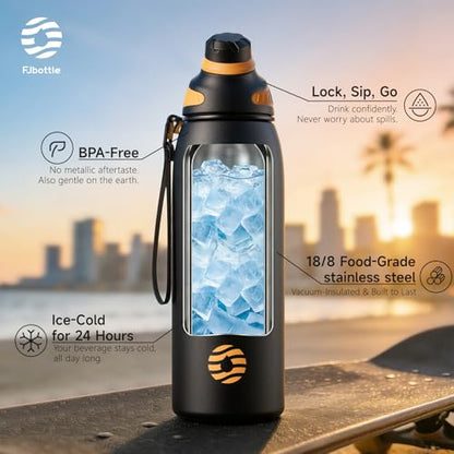 Fjbottle 32oz Stainless Steel Insulated Water Bottle No Straw Spout Lid - color: Classic Black, size: 32 Ounces