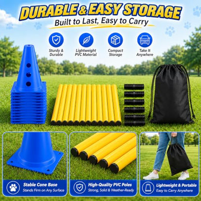 Dog Agility Training Equipment, 12 Cones, 6 Poles, Hurdle