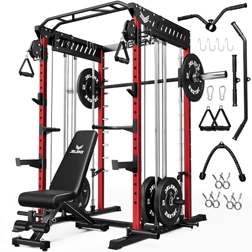 JELENS M21 Smith Machine, Multi-Function Power Cage with Dual Pulley Cable Crossover System, 2000LBS All-in-One Squat Rack with Smith Bar and Attachments - color: Red, size: 140LB Black Weights Package