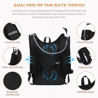 Wotony Lightweight Hydration Backpack with 2LOR 3LWater Bladder for Cycling Hiking Rave - Water Daypack for Men Women - color: ALL BLACK