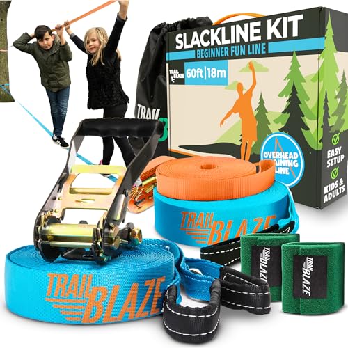 Complete Slackline Kit for Kids & Adults - 60ft Ninja Line (Blue) - color: Blue & Orange